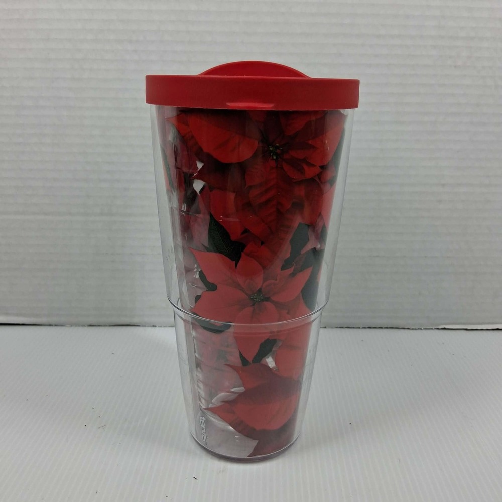 Tervis 24oz Insulated Tumbler Red Poinsettia Christmas Floral Travel Cup w/Lid